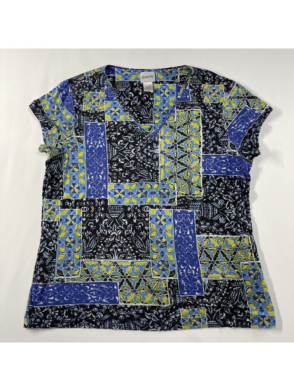 Chicos Size 12 Blouse Top Faux Patchwork Short Sleeve Boho Artsy Floral Large